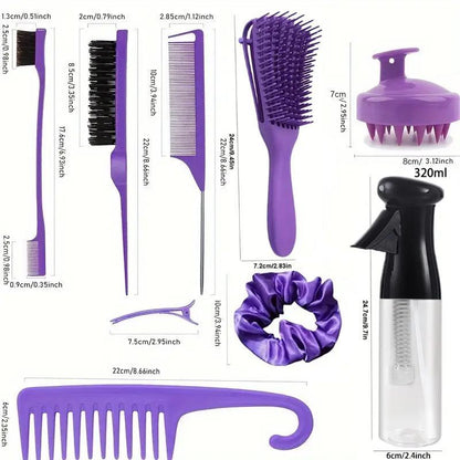 Hair Care & Styling Tool, Summer Gifts, 1 Count Detangling Brush & 1 Count Rat Tail Comb & 1 Count Dual Ended Hair Brush & 1 Count Wide Tooth Comb & 1 Count Bristle Brush & 4 Hair Clips & Hair Tie & Scalp Massage Brush & Empty Spray Bottle