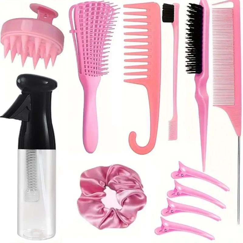 Hair Care & Styling Tool, Summer Gifts, 1 Count Detangling Brush & 1 Count Rat Tail Comb & 1 Count Dual Ended Hair Brush & 1 Count Wide Tooth Comb & 1 Count Bristle Brush & 4 Hair Clips & Hair Tie & Scalp Massage Brush & Empty Spray Bottle