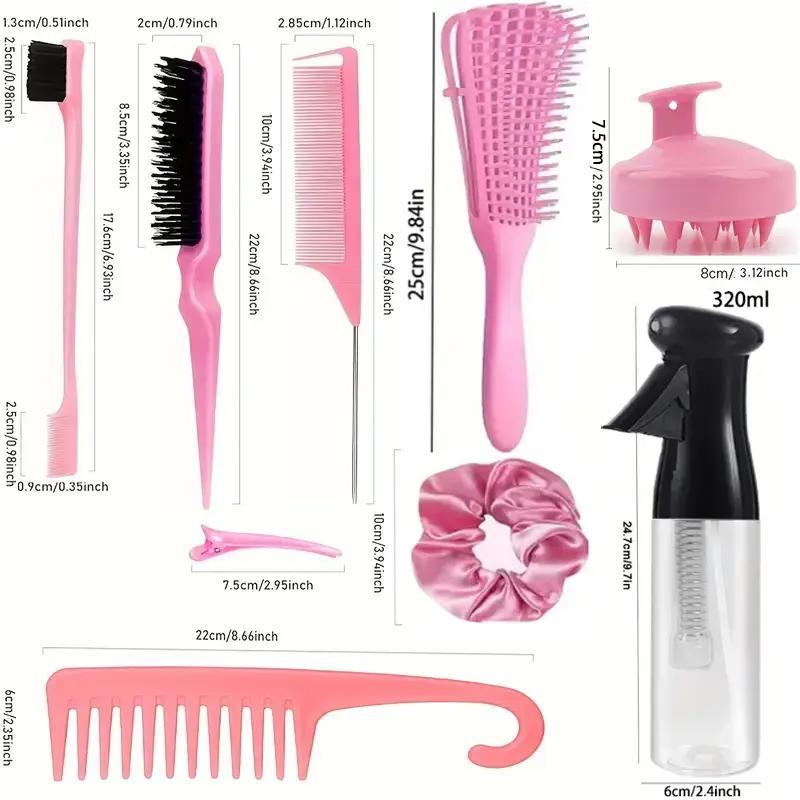 Hair Care & Styling Tool, Summer Gifts, 1 Count Detangling Brush & 1 Count Rat Tail Comb & 1 Count Dual Ended Hair Brush & 1 Count Wide Tooth Comb & 1 Count Bristle Brush & 4 Hair Clips & Hair Tie & Scalp Massage Brush & Empty Spray Bottle