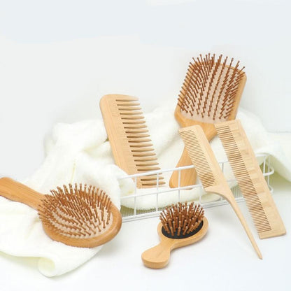 Natural Bamboo Head Massage Comb, 6pcs/set Styling Comb, Including Pointed Tail Comb & Wide Tooth Comb & Massage Air Cushion Comb & Double-edged Comb