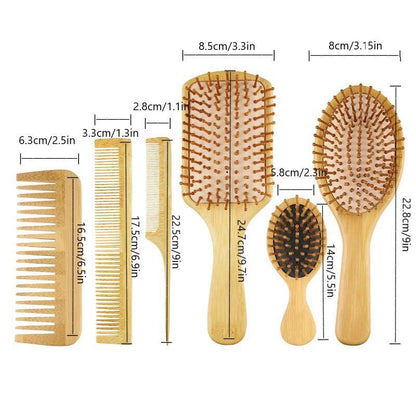 Natural Bamboo Head Massage Comb, 6pcs/set Styling Comb, Including Pointed Tail Comb & Wide Tooth Comb & Massage Air Cushion Comb & Double-edged Comb