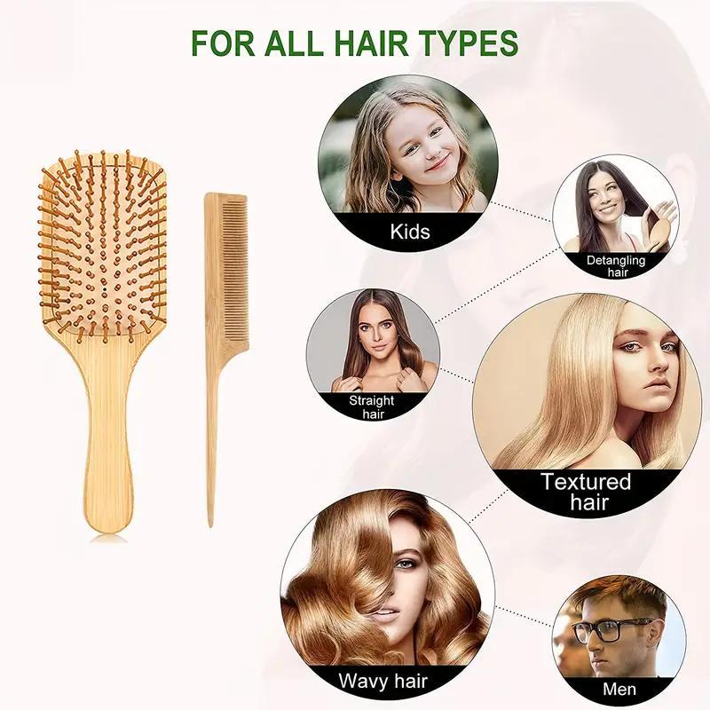 Natural Bamboo Head Massage Comb, 6pcs/set Styling Comb, Including Pointed Tail Comb & Wide Tooth Comb & Massage Air Cushion Comb & Double-edged Comb