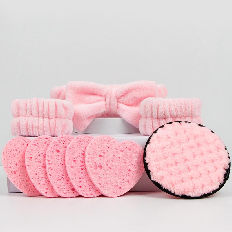 Facial Cleansing Tool Set, Including 1 Facial Cleansing Sponge, 5 Reusable Makeup Puff, 1 Bow Headband & 2 Makeup Wristband, Suitable for Women and Girls