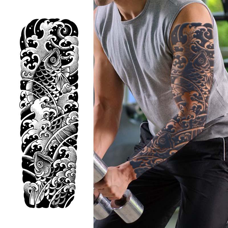 Carp Pattern Full-arm Tattoo Sticker, Temporary Tattoo for Men & Women, Realistic Fish Pattern Fake Tattoo for Adults