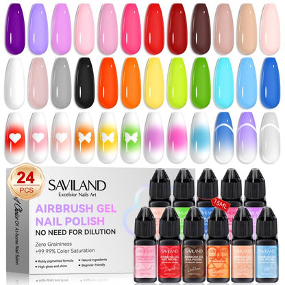 SAVILAND 24 Color Airbrush Gel Nail Polish - Use with Airbrush for Gradients Nails Blush Nails Layered Nail Art Various Pattern Nail Art Without Dilution High Color Saturation for Home Salon Use Nail Care Cutics Manicure Cosmetic