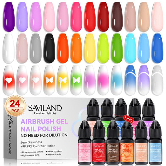 SAVILAND 24 Color Airbrush Gel Nail Polish - Use with Airbrush for Gradients Nails Blush Nails Layered Nail Art Various Pattern Nail Art Without Dilution High Color Saturation for Home Salon Use Nail Care Cutics Manicure Cosmetic