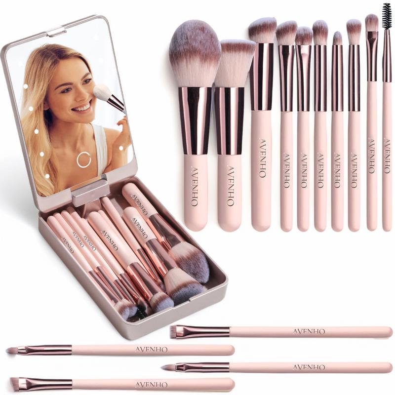 Travel Makeup Brush Set 14 Pcs with LED Light Mirror Foundation Powder Concealers Eye Shadows Makeup Set Compact Gift (PINK)