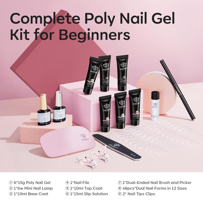 [New Product Sale]Modelones Poly Gel Nail Kit - 6 Colors Poly Nails Extension Gel Kit Nude Clear Black Pink Complete Starter Kit with Nail Lamp for Beginner Salon at Home