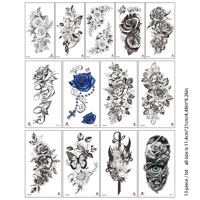 13pcs Flower Pattern Temporary Tattoo Sticker, Waterproof Fake Tattoo Sticker, Body Art Decoration For Women & Girls