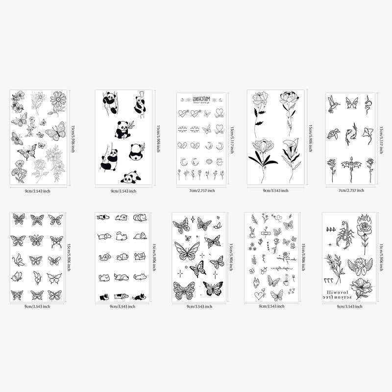 Mix Styles Temporary Tattoo Stickers, 10pcs/set Cartoon Animal & Flower Patterns Tattoo Sticker for Women & Men, Body Art Fact Art Stickers for Face Arm Neck