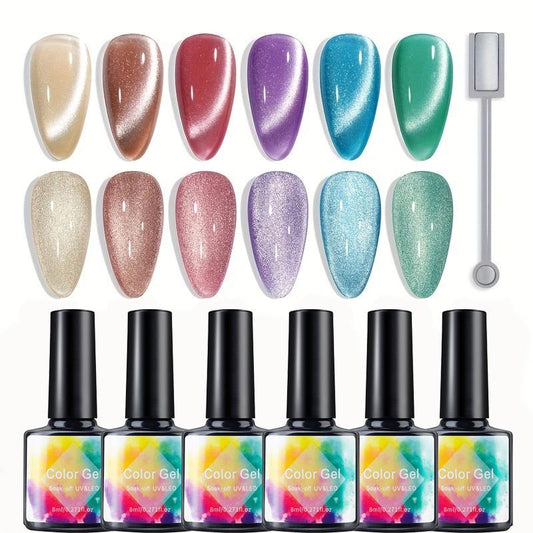 6 Colors Holographic Cat Eye Gel Nail Polish with Magnet, 7 Counts/set DIY Summer Nail Art Supplies, Nail Gel Kit, Shimmery Nail Art Gel, Nail Polish