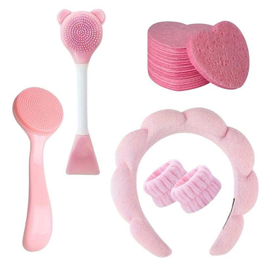 Face Cleaning Tool Set, Facial Cleansing Kit Including Heart Shaped Sponge & Face Washing Wristband & Headband & Facial Cleansing Brush, Cleaning Makeup Brushes