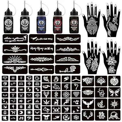 Temporary Tattoo Kits 5 Inks 102 Stencils, Henna Tattoo Kit with Mandala Stencils Semi Permanent Tattoo Markers Jagua Gel for Women Men Kids DIY Art Painting Party Gifts