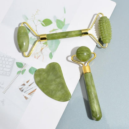 Manual Dual-ended Natural Jade Facial Massage Roller, Round Ball Design Scaping Tool, Heart-shaped Gua Sha Board, Professional Whole Body Massage Tool For Face, Eyes & Neck