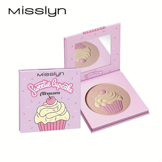 Portable Cake Pattern 3 Colors Matte Highlighter Palette with Mirror, Shimmer Long Lasting Highlighter Powder for All Skin Types