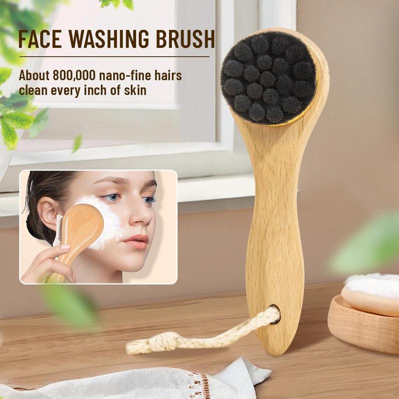 Wooden Handle Facial Cleansing Brush, Round Face Pore Cleaning Brush, Face Scrubber, Professional Makeup Tools for Women