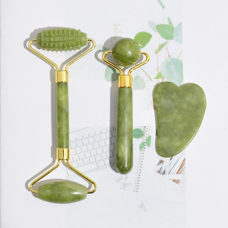 Manual Dual-ended Natural Jade Facial Massage Roller, Round Ball Design Scaping Tool, Heart-shaped Gua Sha Board, Professional Whole Body Massage Tool For Face, Eyes & Neck