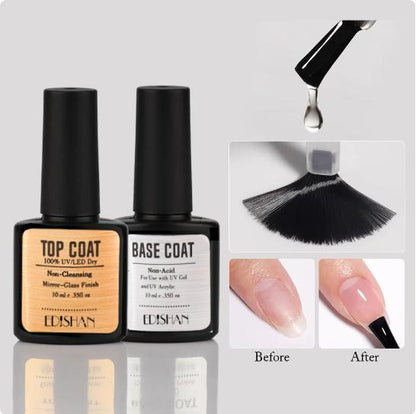 Gel Base Coat and Top Coat Nail Polish - Long-Lasting No Wipe Base and Top Coat Set LED UV Soak Off Nail Lamp for Home DIY & Nail Salon Varnish Long Lasting High Gloss Shiny 2 x 10ml