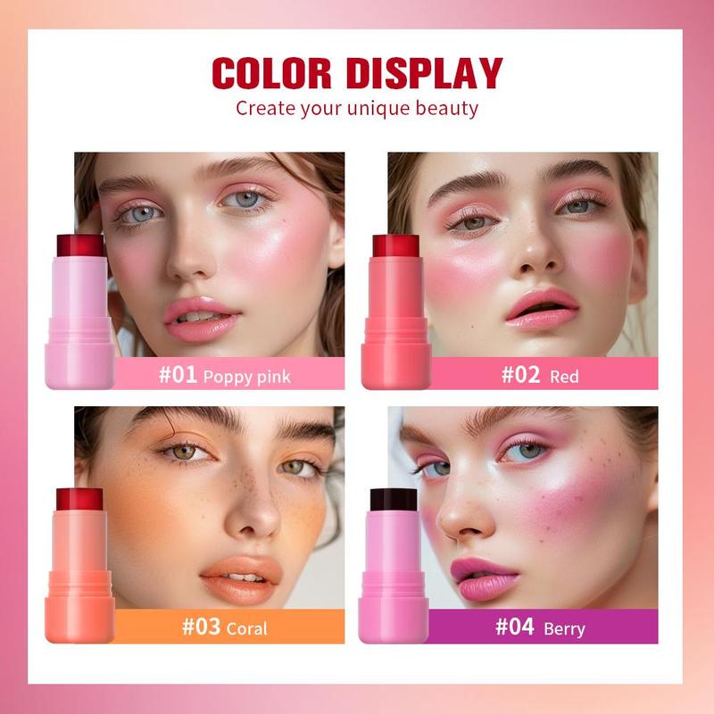 Long Lasting Jelly Blush Stick, 4pcs/set Natural Look Blush for Daily Makeup, Lightweight Blush, Soft Color Shadow, Suitable for All Skins