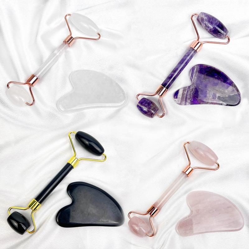 [Video Order]1 Count Natural Crystal Roller sets,Massager for Face, Eyes, Neck/Size:Roller about 5.6 inch,Gua Sha Slice about 3.1 inch/Material:Clear Quartz,Rose Quartz,Black Obsidian,Dream Amethyst