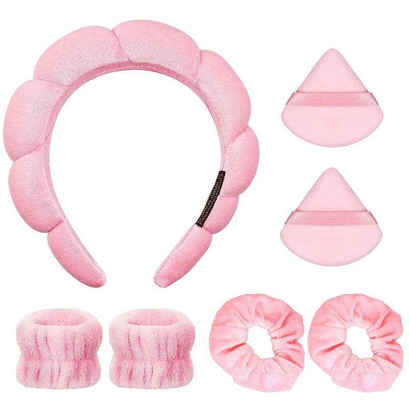 Solid Color Soft Makeup Powder Puff & Wristband & Headband Set, 7pcs Face Washing Hair Band Set, Fashion Hair Accessories for Women