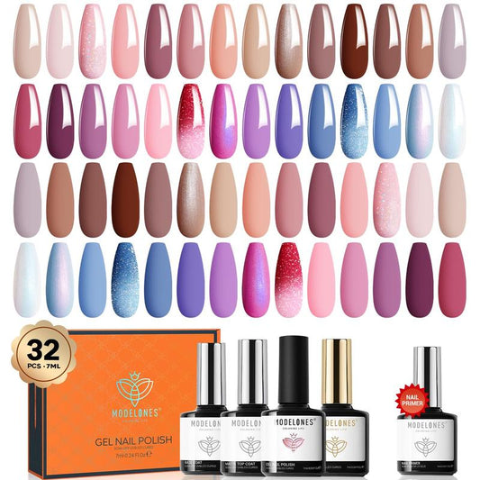 Modelones 32 PCS Gel Nail Polish Kit, 28 Colors Gel Polish Set decorate your nail for Valentine's day with Glossy&Matte Top Base Coat + Bond Primer, Glitter Nails Gifts for Women DIY Salon Home