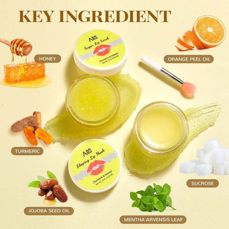 ANAiRUi Turmeric+Honey Lip Care Kit - Lip Sleeping Mask & Exfoliator Scrub - Overnight Lip Skin Treatment - Scrub & Moisturizer for Dry Chapped Cracked Peel - Hydrating Skincare Lip Care Kit for Women and Men