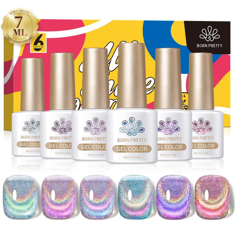 BORN PRETTY Rainbow Glass Cat Eye Magnetic Gel Polish 6 Colors Nails Art Set With Magnetic Stick Need UV Light