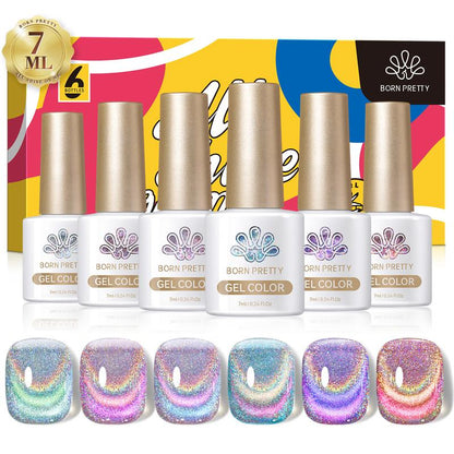 BORN PRETTY Rainbow Glass Cat Eye Magnetic Gel Polish 6 Colors Nails Art Set With Magnetic Stick Need UV Light