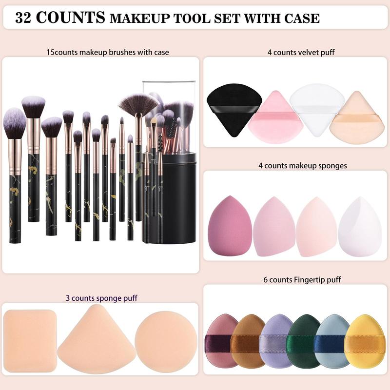 Comfort Makeup Brush and Sponge Set, 32pcs Makeup Brushes & Beauty Sponges & Cosmetic?Powder Puffs Set, Professional Beauty Enhancement Tools for Novices and Beginners, Summer Gift