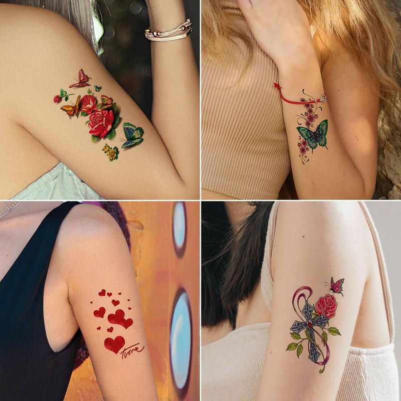 Rose Flower Butterfly Pattern Temporary Tattoo Sticker, 30pcs/set Colorful Long Lasting Fake Tattoo Sticker, Body Art Sticker for Women & Girls