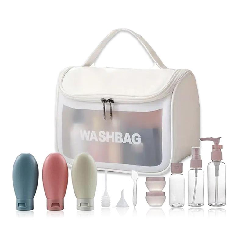 Travel Cosmetic Storage Tools with Bag, 12pcs/set Including 8 Empty Bottle & Jars, 3 Dispensing Tools & 1 Storage Bag, Waterproof Makeup Storage Bag and Makeup Organizer Bottles