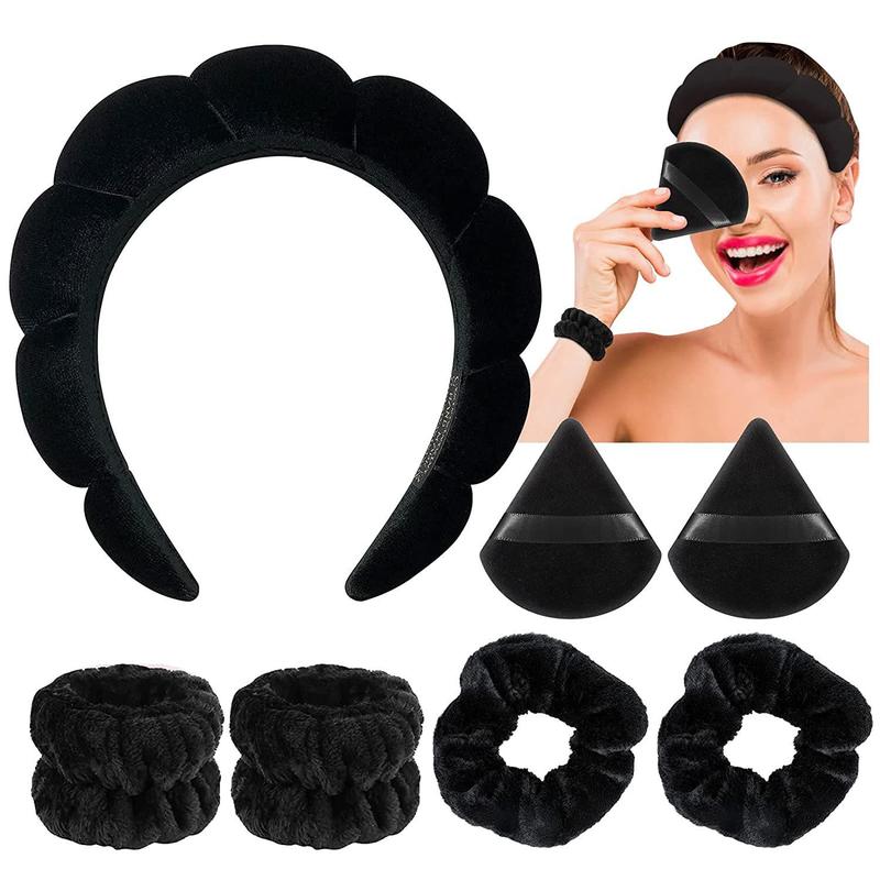 Solid Color Soft Makeup Powder Puff & Wristband & Headband Set, 7pcs Face Washing Hair Band Set, Fashion Hair Accessories for Women