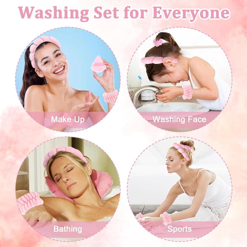 Solid Color Soft Makeup Powder Puff & Wristband & Headband Set, 7pcs Face Washing Hair Band Set, Fashion Hair Accessories for Women