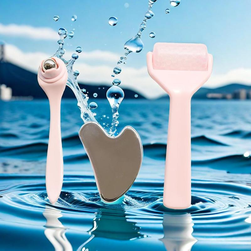 Facial Massage Tool Set, 1 Count Heart Shape Design Massage Scraper & 1 Count Ice Roller & 1 Count Eye Cream Stick, Professional Skincare Tools for Women