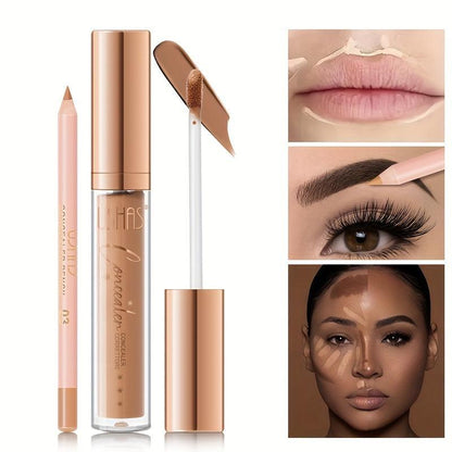 Long Lasting Concealer & Foundation Makeup Set, 2pcs/set Liquid Concealer & Concealer Pencil, Full Coverage Flawless Makeup Set for Dark Circles, Freckles, Acne Marks