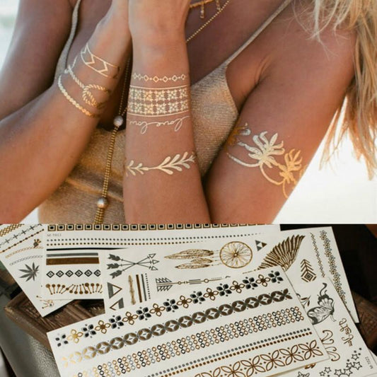 Summer Style Men Women Body Art Gold Metallic Tattoo Sticker Chain Bracelet Fake Jewelry Waterproof Temporary Tattoo