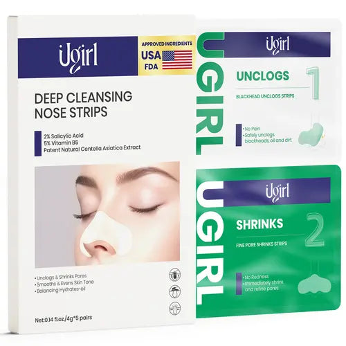 Ugirl Blackhead Remover Strip Set and Pore Shrinking Nose Patches - Clean Beauty for All Skin Types, 5 Pairs Nose Strips