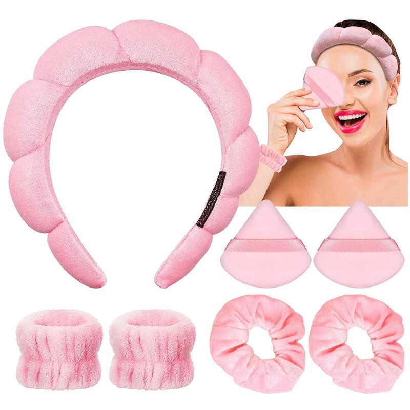 Solid Color Soft Makeup Powder Puff & Wristband & Headband Set, 7pcs Face Washing Hair Band Set, Fashion Hair Accessories for Women