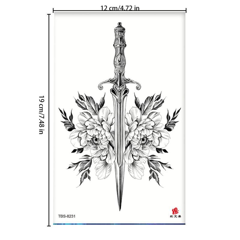 Fake Tattoo Sticker, 1 Count Waterproof Temporary Tattoo, Hand Drawn Sketch Peony Flower Sword Pattern Body Sticker For Women & Men