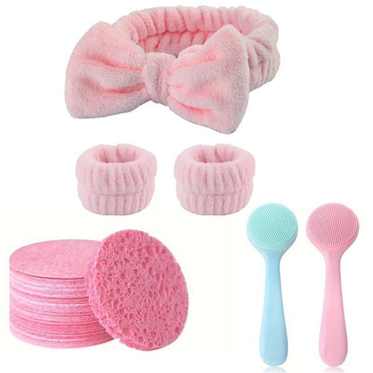 Facial Cleansing Tool Kit, 25pcs/set Including 2 Silicone Face Scrubbers & 20 Face Wash Pads & 1 Bow Headband & 2 Wristbands for Cleansing and Gentle Exfoliation