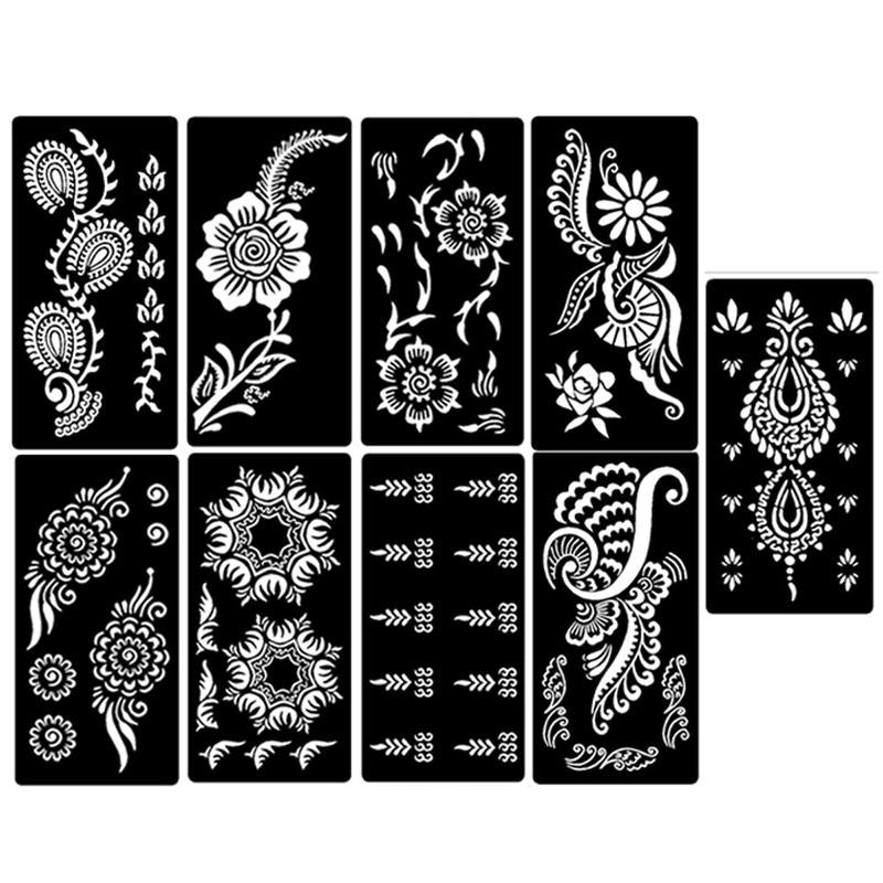 Vintage Floral Pattern Temporary Tattoo Stencil, 9pcs/set Self-adhesive Body Art Tattoos Paint Sticker, Beauty & Personal Care Fake Tattoo