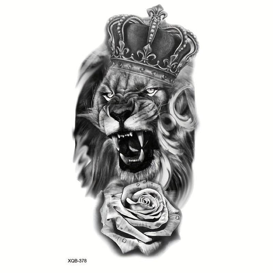 Lion & Crown & Flower Pattern Temporary Tattoo Sticker, 1 Sheet Waterproof Fake Tattoo Sticker, Body Art False Sticker for Women & Men, Realistic Tattoo Sticker for Arms