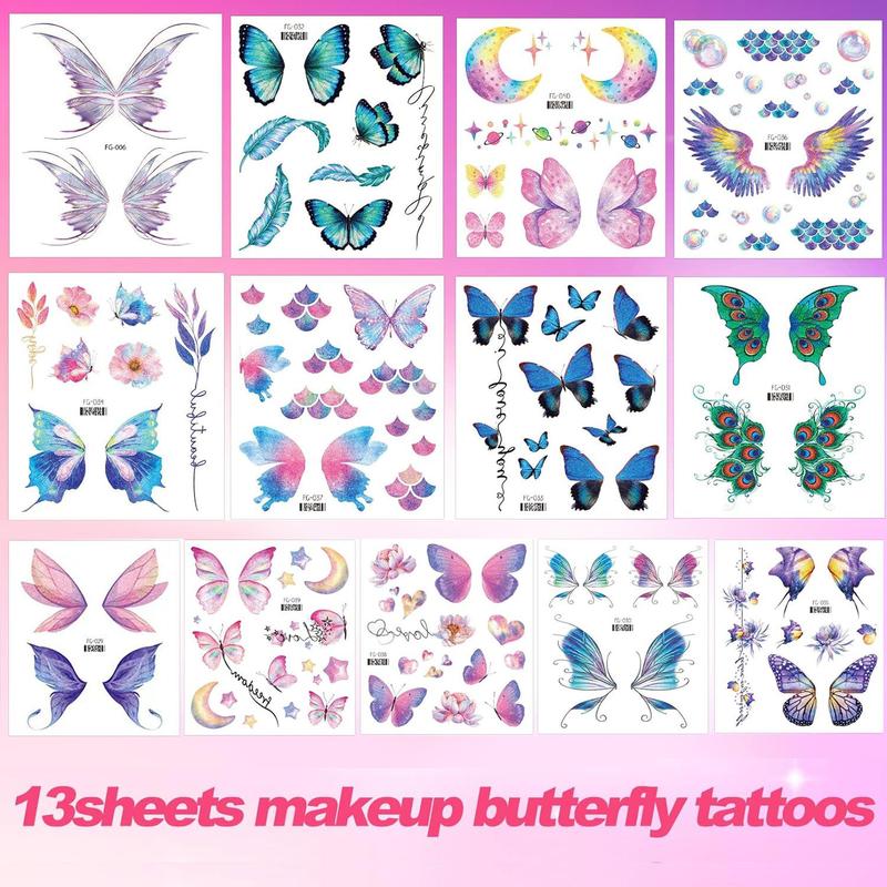 Colorful Butterfly Pattern Temporary Tattoo Sticker, 13pcs/set Waterproof Fake Tattoo Sticker for Face & Eye, Body Art Tattoo Sticker for Adults