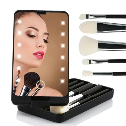 Portable LED Light Makeup Mirror with Makeup Brush Set, Including 1 Count Cosmetic Mirror & 5 Counts Makeup Brushes, Travel Makeup Tool for Women