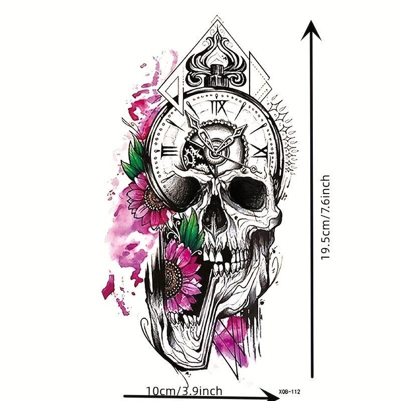 Skull & Flower Pattern Temporary Tattoo Sticker, 1 Sheet Halloween Themed Waterproof Temporary Tattoo Stickers, Body Art Decoration for Party