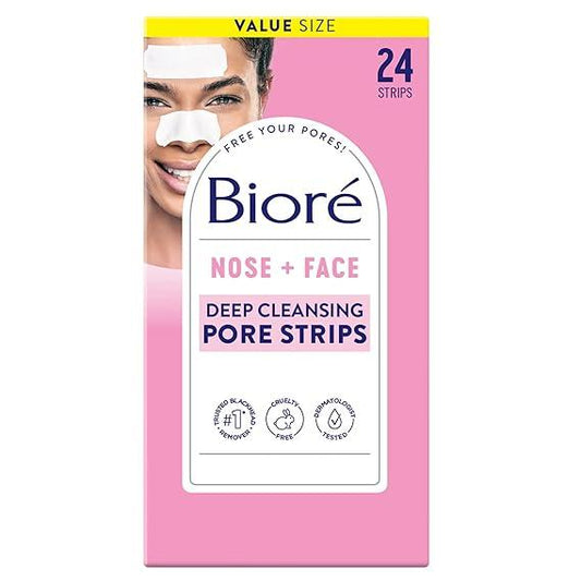 Biore Nose+Face Blackhead Remover Pore Strips, 12 Nose + 12 Face Strips for Chin or Forehead, Deep Cleansing with Instant Blackhead Removal and Pore Unclogging, Non-Comedogenic Use, 24 Ct Value Size