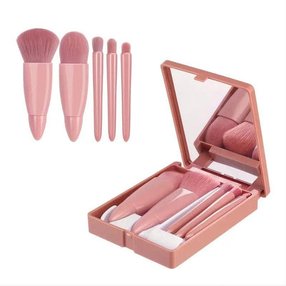 Portable Makeup Brush Set with Mirror Case, 5 Counts/set Mini Makeup Brushes for Foundation, Powder, Cosmetic Tool,?Back To School