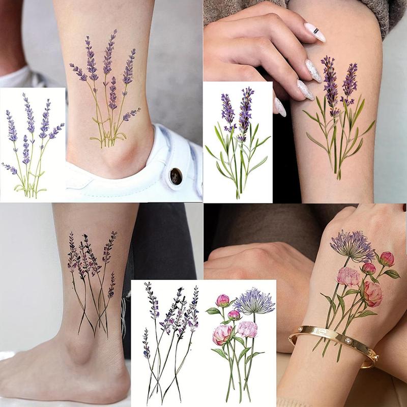 12 Sheets Lavender Flower Temporary Tattoo Sticker, Fake Flora Arm Temporary Tattoos, Waterproof Body Art Sticker For Men & Women