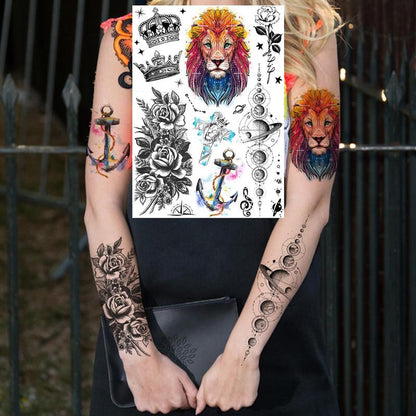 6pcs Lion & Wolf & Astronaut & Flower Pattern Temporary Tattoo, Body Decals for Women and Men